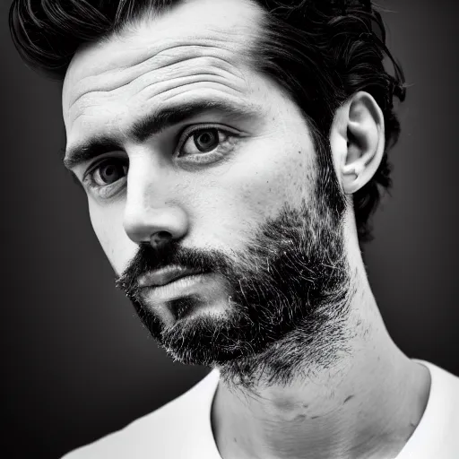 Prompt: black and white close - up portrait shot, studio photograph of a male symmetrical handsome andrea belluci the painter artist, casual clothes, anxiety and depression, intricate, elegant, highly detailed, hyper realistic, dark background, flickr, smooth, 4 k, 3 0 0 dpi, sharp focus, shot by canon