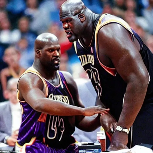 Prompt: a frustrated shaquille o'neal trying to operate an incredible complicated machine