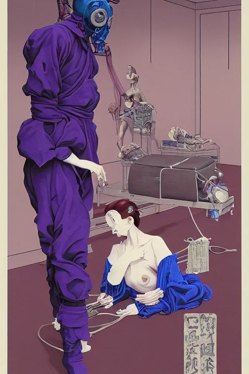 Prompt: a surreal frances bacon and takato yamamoto painting of two skinny figures, fleshy, wearing ornate gas masks and clothed in purple and blue, inside a grand dystopian room with fires raging and medical equipment, full view, concept art, horror art, extremely high details, hyper realistic high quality adrian ghenie and edward hopper