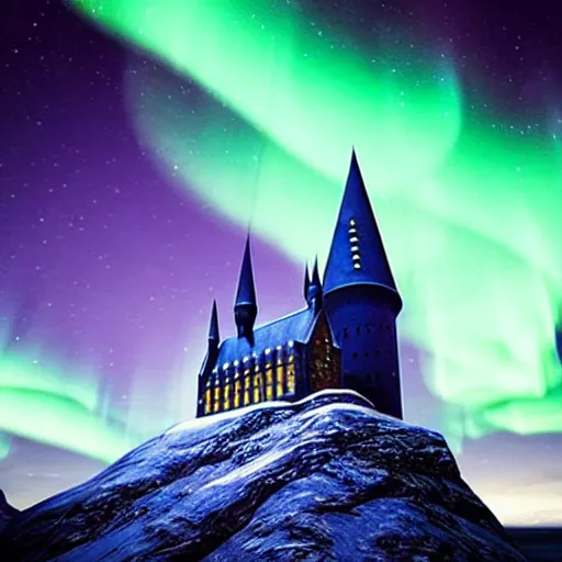 Image similar to “Hogwarts School of Witchcraft and Wizardry with the norther lights in the background. 4k, 8k, unreal 5, very detailed, hyper control-realism,.”