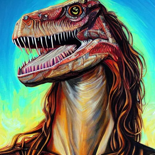 Prompt: portrait painting of Jesus Christ the lord as a velociraptor by Chevrier Sandra, holy light, hyperdetailed