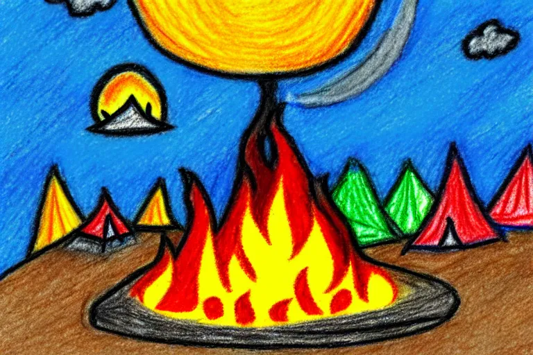 Image similar to child crayon drawing of a campsite with bonfire