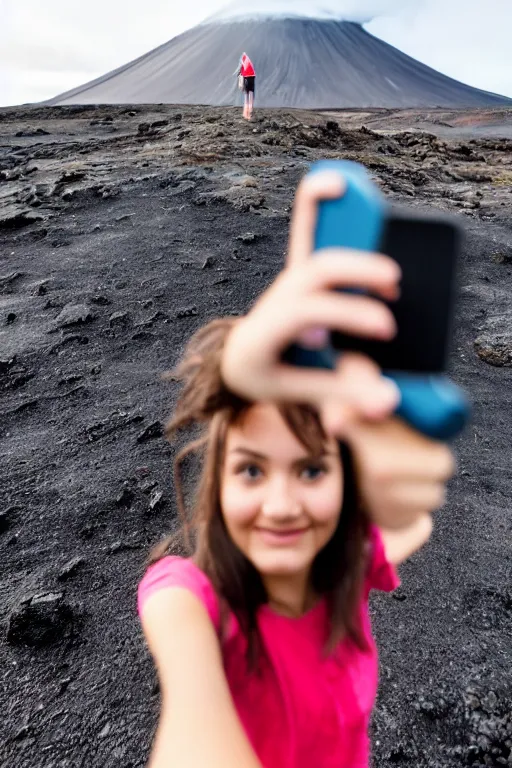 Image similar to girl taking selfie, blurred background, in front of icelandic volcano