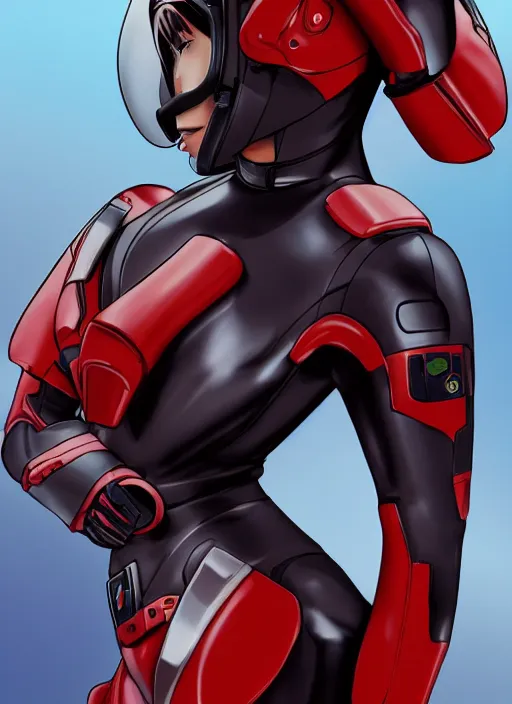 Image similar to Portrait of a female mech pilot in a black latex bodysuit, anime, cel-shaded, highly detailed, monotone, red highlights