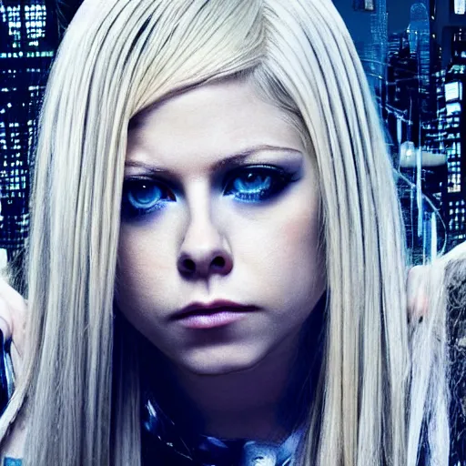 Image similar to Avril Lavigne with short white fringe. grey eyes. Sitting on a rooftop ledge overlooking a cyberpunk city skyline. Album art. In the style of Aeon Flux.