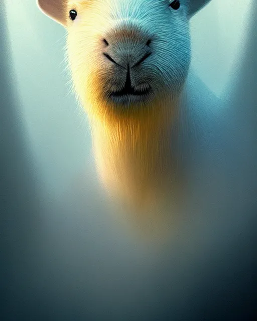 Image similar to complete and delicate portrait of a white capybara, beautiful, agile, fairy, myth, legend, detailed, trending on artstatioin, light effects, kilian eng, john harris, bastien lecouffe - deharme