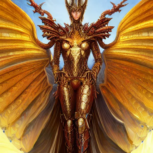 Prompt: a symmetrical muscular full body wearing a dragon armor with wings made of golden ornaments and gems, by alex gray and android jones , Karol Bak, Ayami Kojima, Amano , concept art, character design, fantasy,3D, 8k resolution