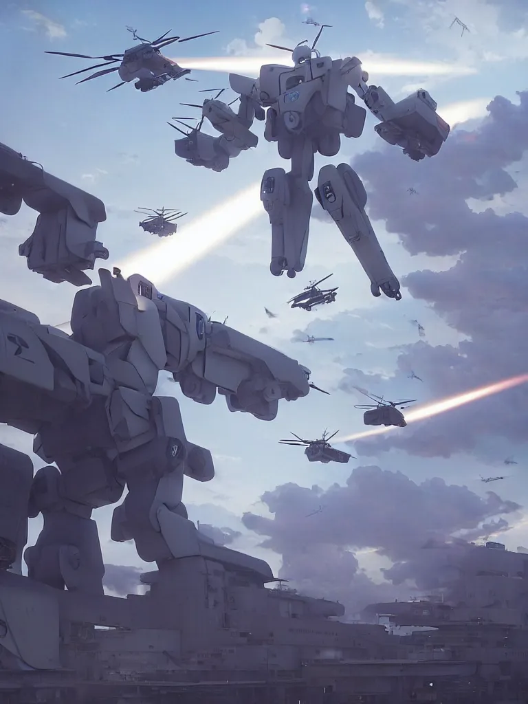 Image similar to Beautiful Epic scene of a beautiful gigantic Patlabor style mech being air lifted by futuristic helicopters above a futuristic Tokyo style military city, by Greg Rutkowski and Krenz Cushart and Pan_Ren_Wei and Hongkun_st and Bo Chen and Enze Fu and WLOP and Alex Chow, Madhouse Inc., anime style, crepuscular rays, set in rainy futuristic cyberpunk Tokyo street, dapped light, dark fantasy, cgsociety, trending on artstation