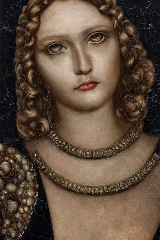 Prompt: hyperrealism close - up mythological portrait of a beautiful medieval woman's shattered face partially made of black stones in style of classicism using the fibonacci golden ratio, pale skin, ivory make up on the eyes, wearing black silk robe, dark and dull palette