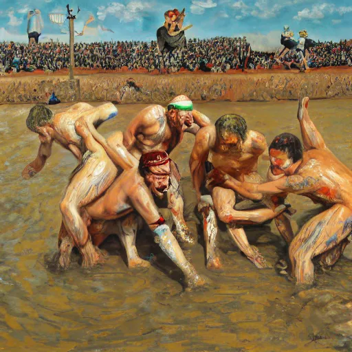 Image similar to 3 drunks fall over mud - wrestling,, where's wally, oil painted ( ( ( ( by salvador dali ) ) ) )