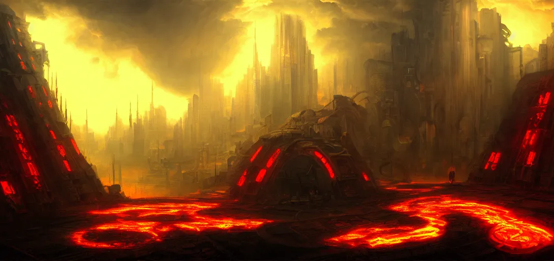 Prompt: baroque oil painting of environment of a hell portal in a cyberpunk world, brutalist, dark fantasy, sunset, rule of thirds, digital cel shading, fake hidden detail, trending on pixiv fanbox