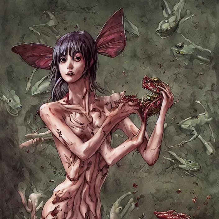 Image similar to Carnivore godlike fairy eating a frog alive, Junji Ito and Greg rutkowski