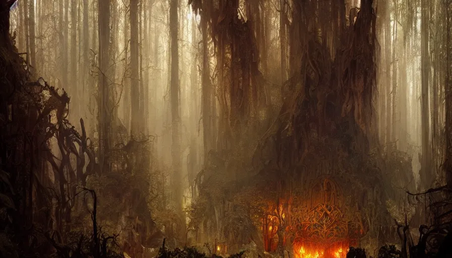 Image similar to a beautiful intricate painting of a gateway to hell in a dark evil fantasy forest, reflections, very high details by william turner art, greg rutkowski and alphonse mucha, trending on artstation, very very detailed, masterpiece,