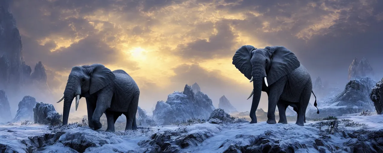 Prompt: an African elephant wearing battle armor in snow mountain landscape, beautiful dynamic lighting, cinematic, wide angle establishing shot, extremely high detail, photo realistic, cinematic lighting, post processed, concept art, artstation, matte painting, style by frederic church, raphael lacoste, unreal engine 8k