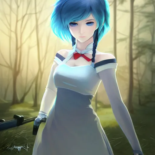 Image similar to realistic render of weiss schnee from rwby by ross draws, forest background by ilya kuvshinov, digital anime art by ross tran, composition by sana takeda, lighting by greg rutkowski