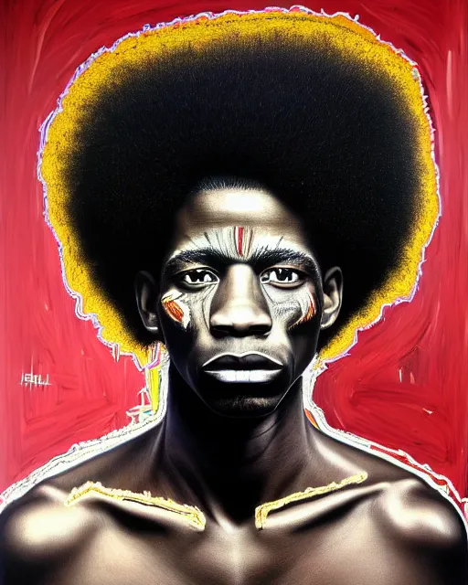 Image similar to A extremely ultra highly detailed majestic hi-res beautiful immaculate head and shoulders award winning painting stunning masterpiece of the face of a ultra highly detailed strong black African warrior man with an afro portrait by Jean-Michel Basquiat, 8k, high textures, ultra hyper sharp, insanely detailed and intricate, super detailed, 8k HDR ultra high quality, high detail, hyperrealist, photorealistic, octane render, cinematic, high textures, hyper sharp, 4k insanely detailed and intricate, surrealism, surrealist, real life, lifelike, 8k, hyper realistic, super detailed, realistic, 4k HDR hyper realistic high