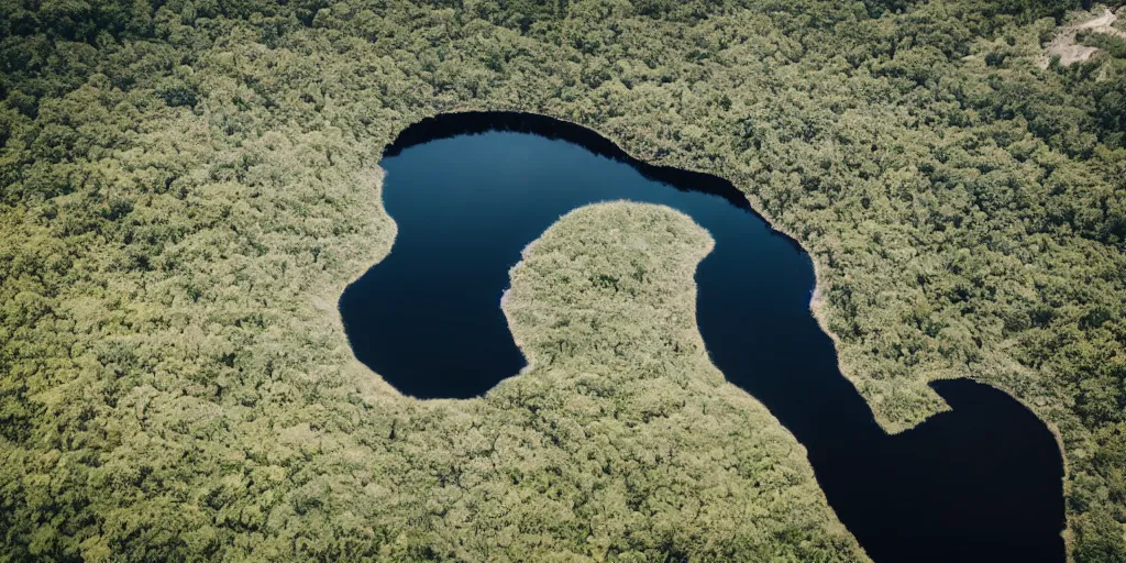 Prompt: lake with black water view from above, sky