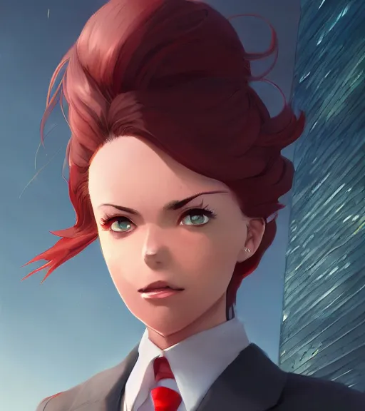 Image similar to a girl in a business, close up, sharp focus, red necktie, grey hair, city background, digital painting, by tran ross and jordan grimmer and greg rutkowski, anime art, artstation, hd, smooth,