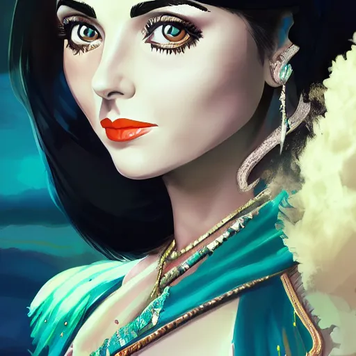 Image similar to portrait of elizabeth taylor in the movie cleopatra, 4k, anime key visual, artstation, kuvshinov ilya