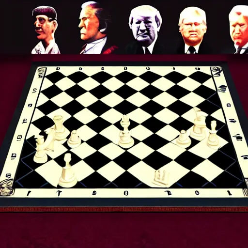 Image similar to chess board with politicians as pieces, puttin, trump, queen of england, gandhi, che guevara, mao, khomeini, high definition, trending on artstation, unreal engine, photorealistic, high resolution, hdr, hyper detailed, insane details, intricate, elite, ornate, elegant, luxury, dramatic lighting