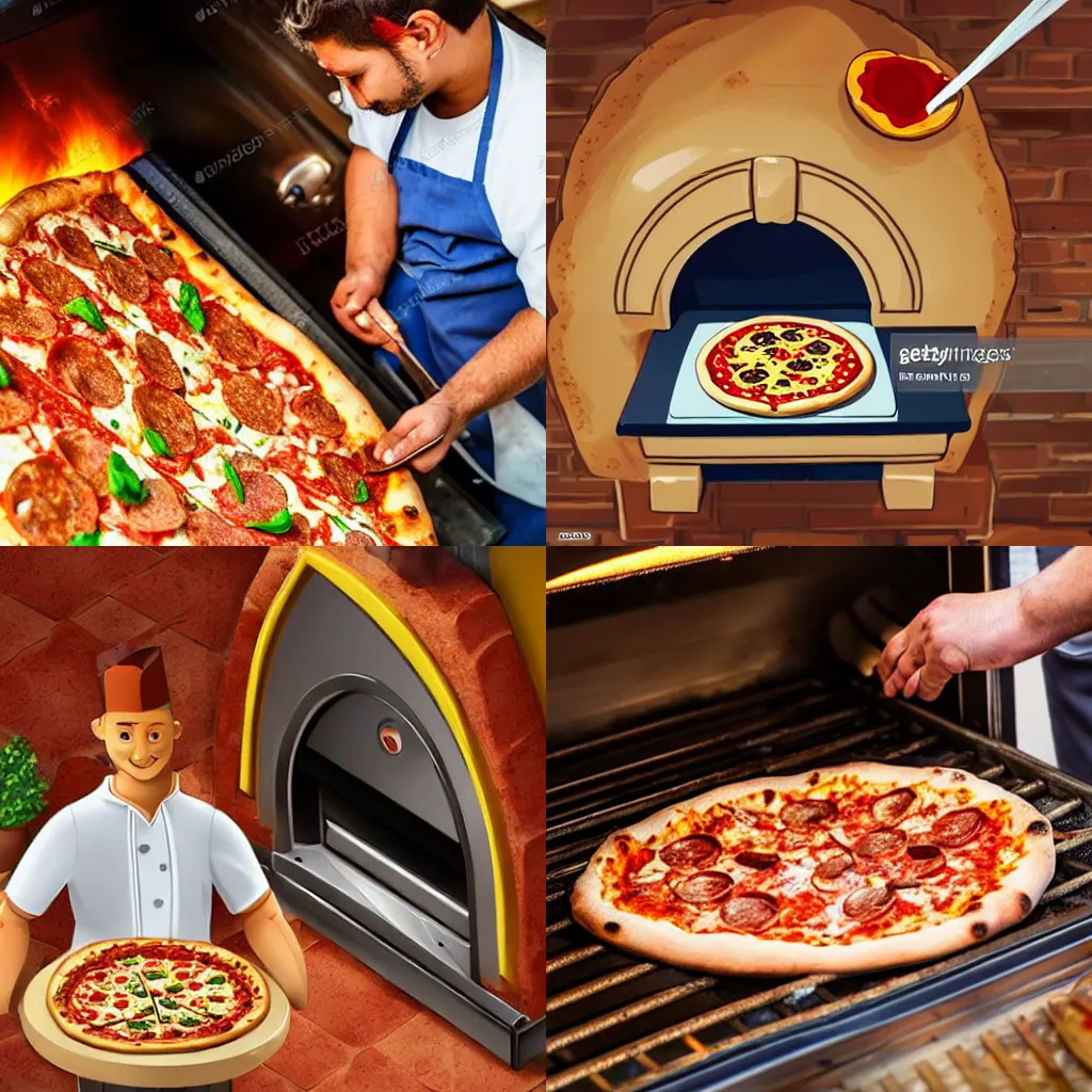 Prompt: a cook putting a pizza salami in a stone oven in a restaurant, hyperdetailed picture, ultra realistic picture, warm colors, top view