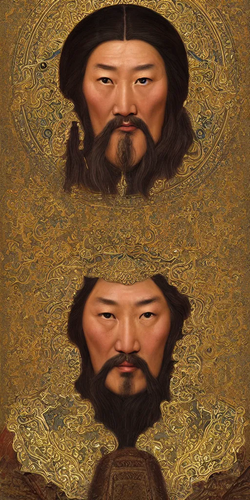 Image similar to a stunning and noble highly detailed romantic period style portrait of Genghis Khan\'s head by Josep Tapiró Baró, trending on artstation, oil painting masterpiece, symmetry, fractals, Mongolian iconography