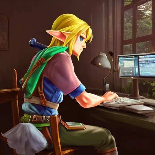 Prompt: Link from Zelda, sitting at a desk programming on a computer, close-up shot, cozy, elegant, realistic character concept, indoor lighting, hyperdetailed, high resolution, insanely detailed and intricate, Yusuke Nakano