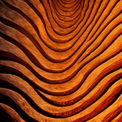 Prompt: a very intricate wood sculpture in the shape and texture of waves, fractal patterns, deep and expressive grain patterns, volumetric lighting, light rays, photorealistic, ultrarealistic, coronarender, 8k