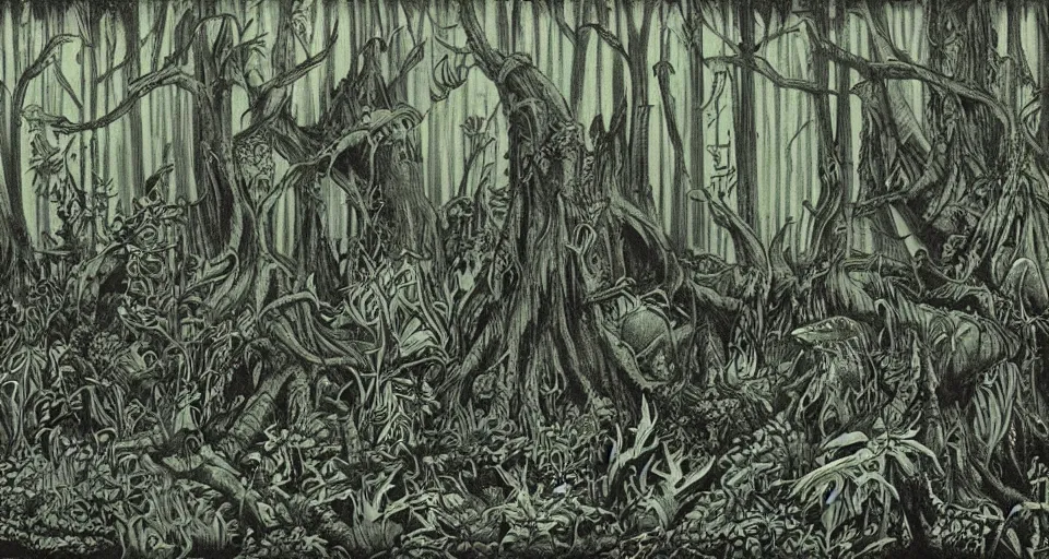 Image similar to A dense and dark enchanted forest with a swamp, by ED roth