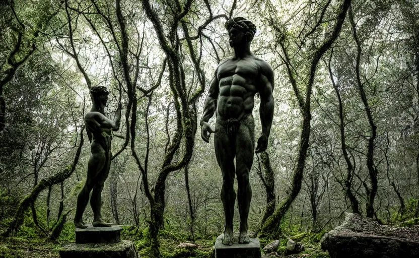 Prompt: a mossy greek marble statue of a very muscular man abandoned in the middle of a forest near a lake at sunset, concept art, godrays, complementary colors, calm, relaxing, beautiful landscape, highly detailed, high quality, 4k HDR, path tracing, serene landscape, high coherence, soft lighting