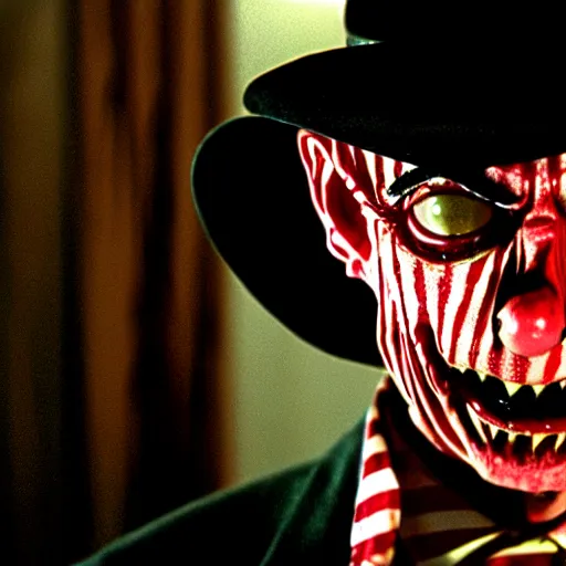 Image similar to mr. bean as freddie krueger. movie still. cinematic lighting.