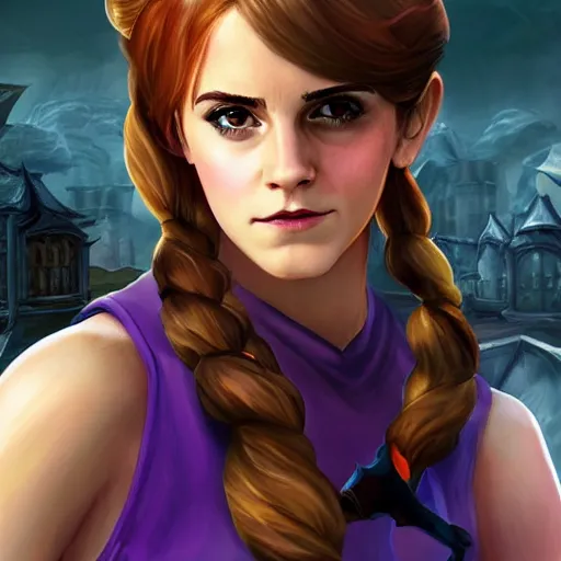 Image similar to Emma Watson as a character in the game League of Legends, with a background based on the game League of Legends, detailed face, old 3d graphics