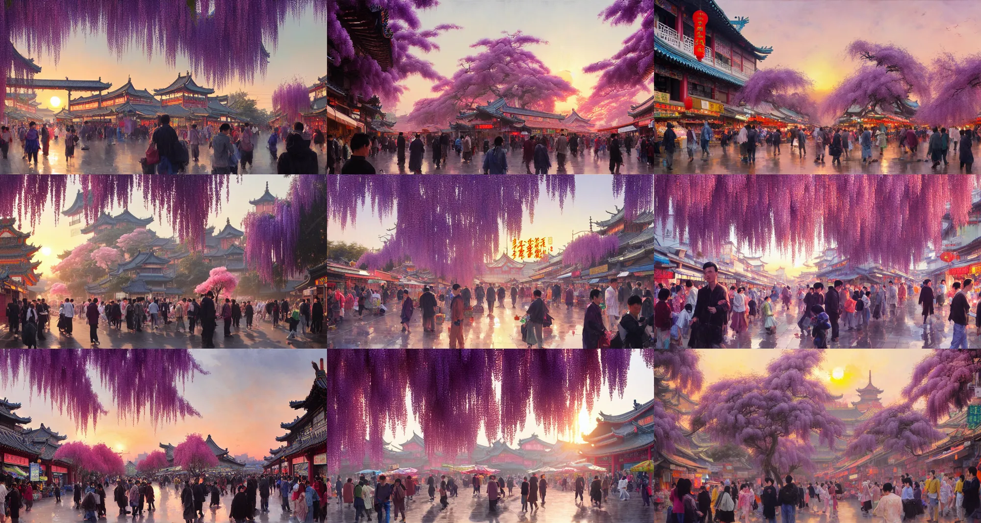 Prompt: a chinese market, vibrant sunset, merchant stands, customers, busy, bustling, pedestrians, massive cherry trees and wisteria, crystal, iridescent, refraction and reflection, by ruan jia and greg rutkowski and conrad roset