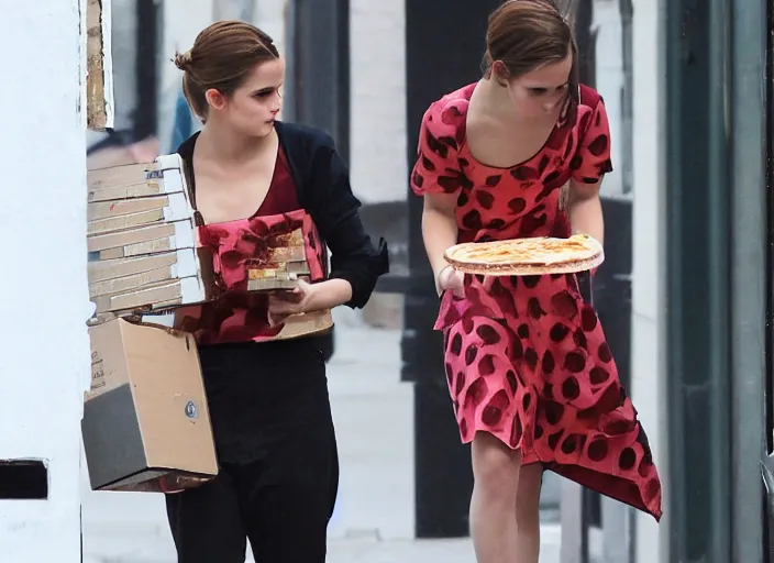 Image similar to emma watson eats a juicy pizza