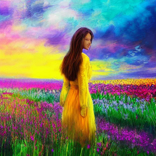 Image similar to woman standing in flower field, mattepainting, artstation, impressionism, big flower on shoulders