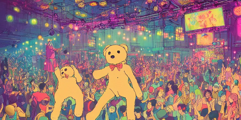 Prompt: lab to create many teddy bear wildly crazily dancing hyper at night club, disco lighting, darkly playful color scheme, intricate details, matte painting, illustration, by hayao miyazaki