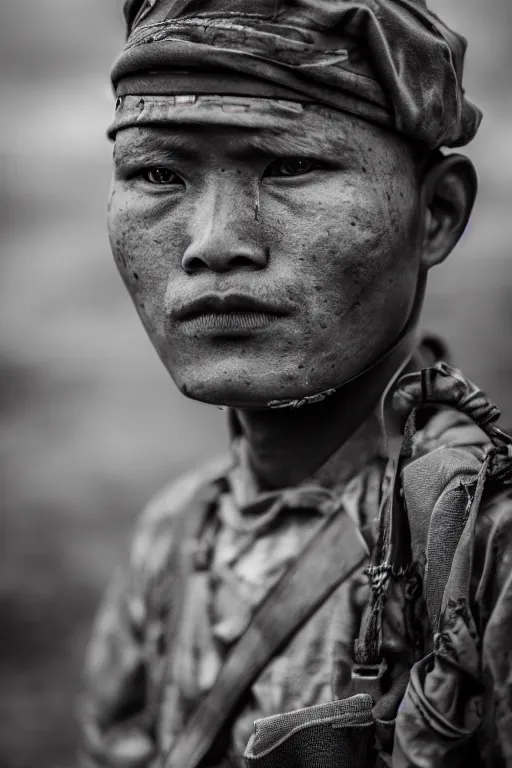 Image similar to Portrait of a Gurkha after battle looking tired standing on the battle field. Portriat, Photography, 35mm. f/1.2