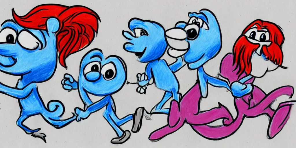 Prompt: a simple stylized drawing of long boned smurfs and color