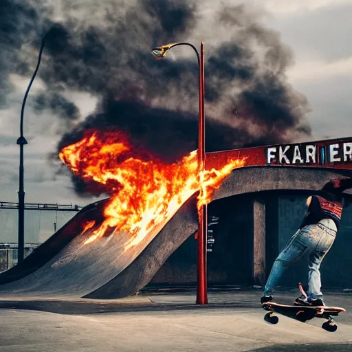 Prompt: advertisement for skater brand jeans, skatepark in flames, photography