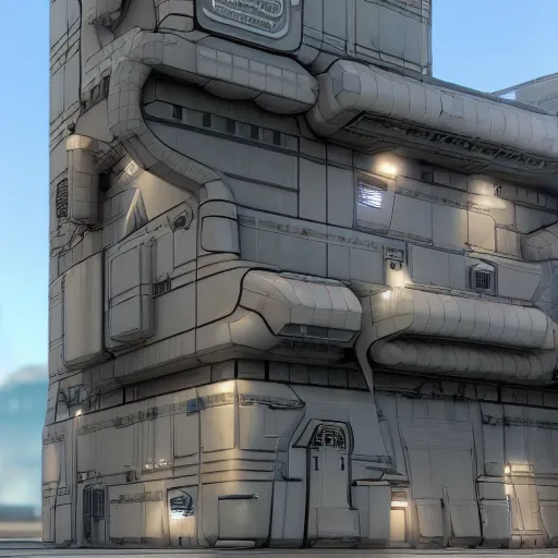 Prompt: 3 d sculpted model of scifi industrial building facade by moebius, mass effect, starship troopers, elysium, prometheus, the expanse, high tech industrial, artstation unreal, unity, maya, houdini, dramatic cinematic lighting