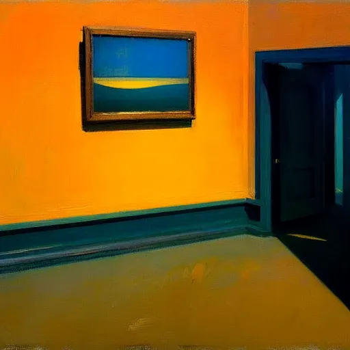 Image similar to an ominous object floats in an empty room, a highly detailed edward hopper painting, by adrian ghenie and gerhard richter. art by james gurney. masterpiece, flat surreal design with deep colours. 8 k. artstation.
