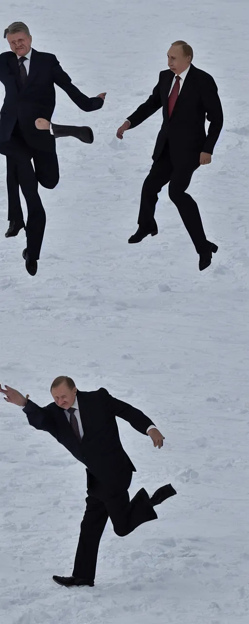 Image similar to the finnish president sauli niinisto doing a superhero landing on top of vladimir putin