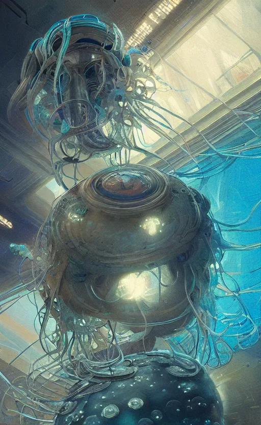 Image similar to Panorama hyper detailed painting of a cyberpunk jellyfish, blue tones, underwater, 8 mm, highly detailed, digital painting, artstation, concept art, smooth, sharp focus, illustration, art by artgerm and greg rutkowski and alphonse mucha