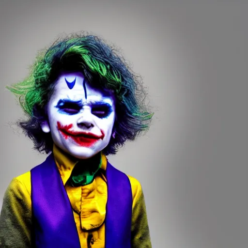 Prompt: a young child dressed as Joker, photo realistic, 4k