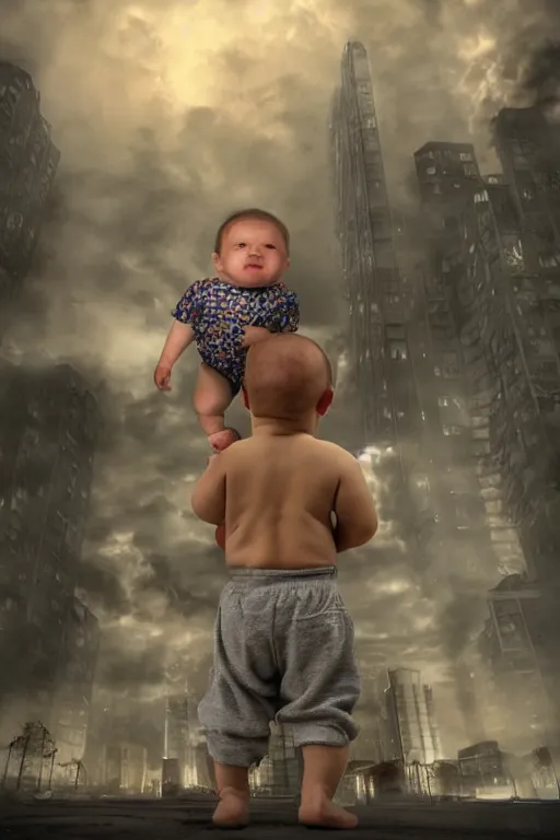 Image similar to evil human giant baby in huggies, grows up to the sky, against the backdrop of destroyed high - rise building, hauntingly surreal, horror, 3 d, 8 k, render, art by fred eric heyman