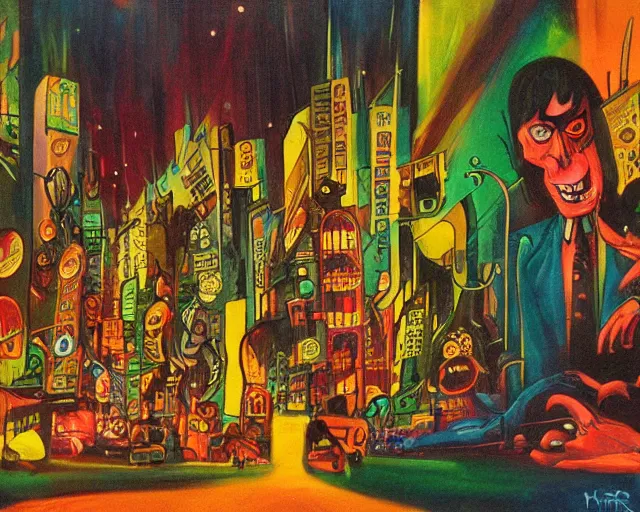 Image similar to surreal colorful nightmarish cityscape, artwork by ralph bakshi