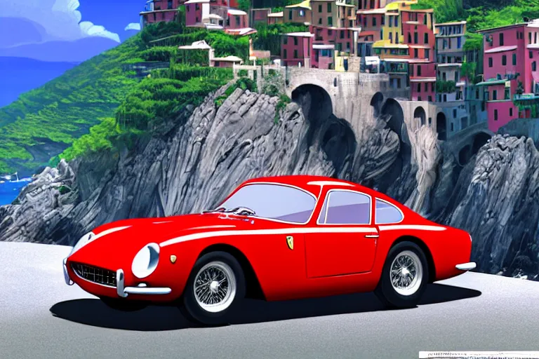 Image similar to a wholesome animation key shot of!! one!! focused!! ferrari 2 5 0 gt!! in beautiful cinque terre italian street, medium shot, studio ghibli, ( pixar ) and disney animation, sharp, very detailed, high resolution, rendered in unreal engine 5, anime key art by greg rutkowski, bloom, dramatic lighting