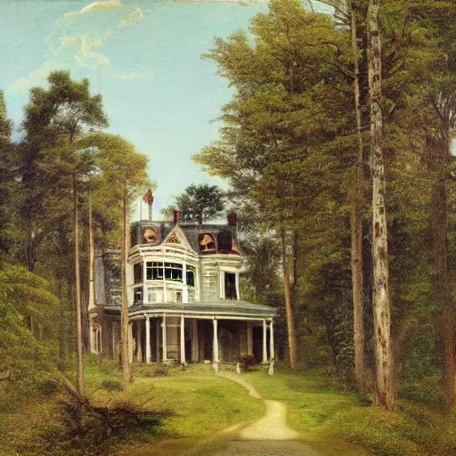 Prompt: Victorian mansion in the woods of Maine, a lake beside it, felix Kelly