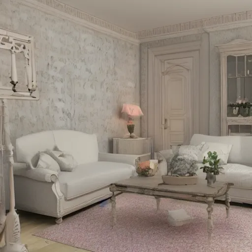 Image similar to a detalied 3 d render of a shabby chic living room, photorealism