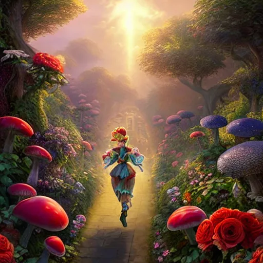 Prompt: A beautiful hyper detailed matte painting of a portrait of princess peach, running through a hedge garden of exotic flowers in the Mushroom Kingdom, giant mushrooms, and roses, from behind, streets, birds in the sky, sunlight and rays of light shining through trees, art by Ted Nasmith and Peter Mohrbacher, 4k unreal engine